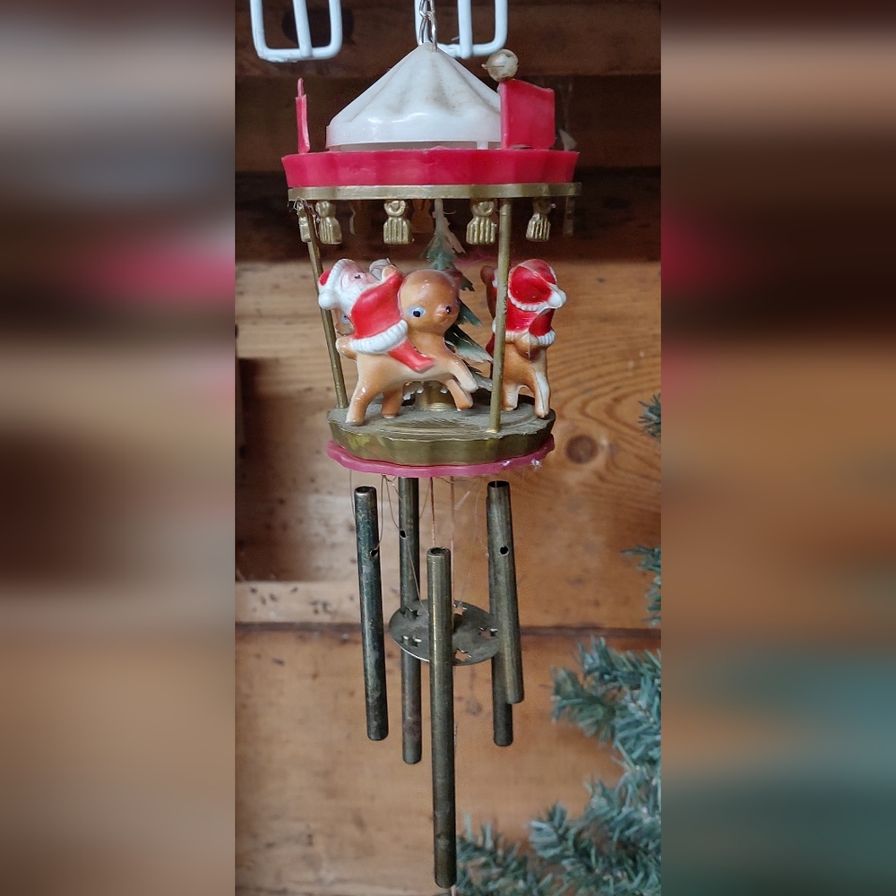 Vintage Christmas Wind Chime Santa on Reindeer Chimes